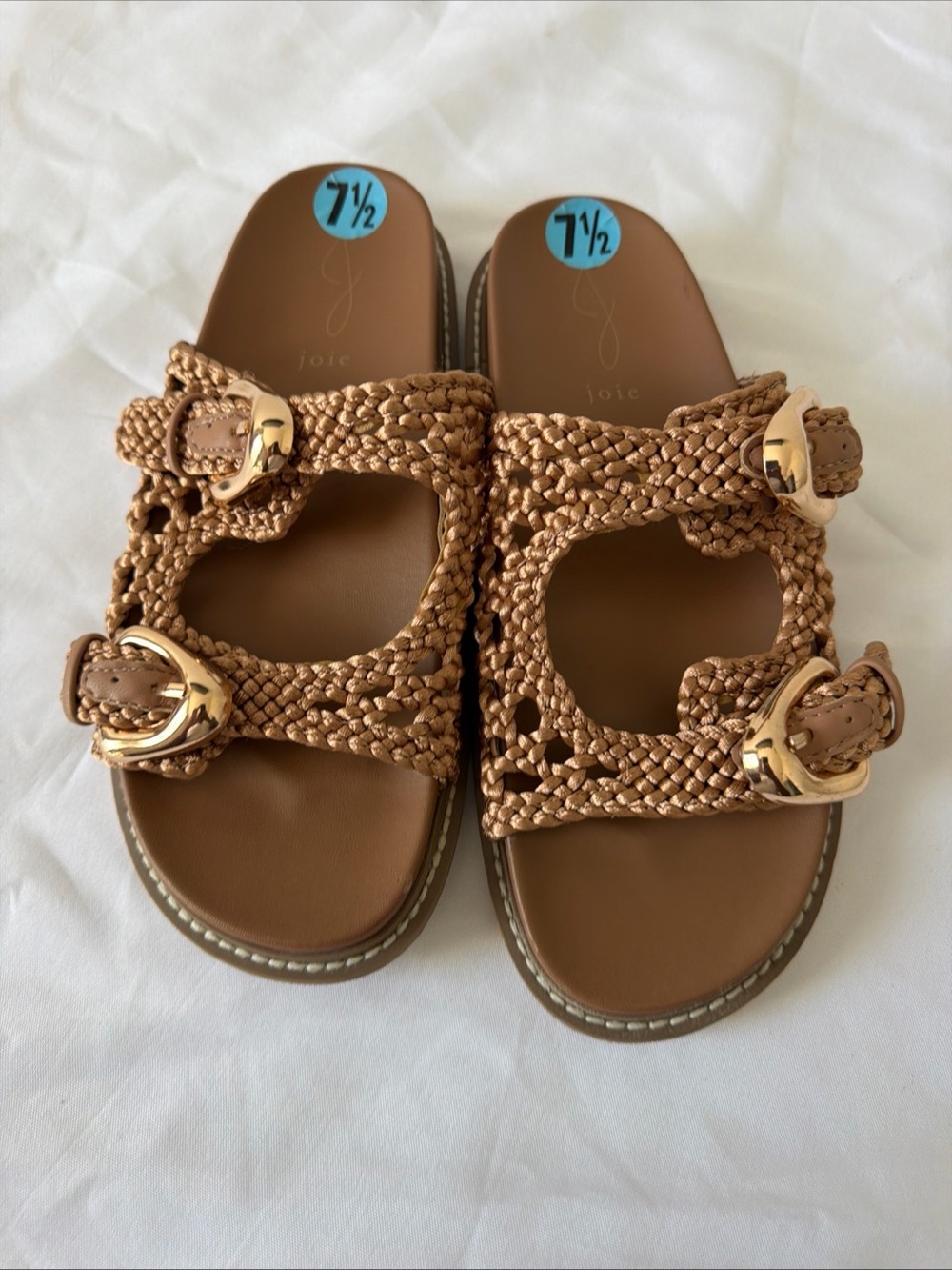 Joie Tan Braided Slide Sandals with Gold Buckles